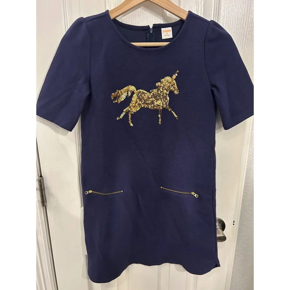 Gymboree Girls Navy Blue Sequin Unicorn Shift Dress Gold Zipper Pockets 10 k7072